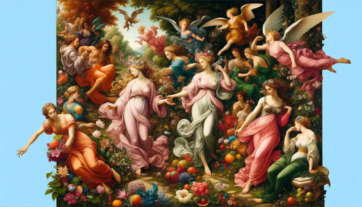 Rappresentazione rinascimentale con donna in abito rosa e corona floreale, circondata da otto figure in giardino rigoglioso e uomo alato.