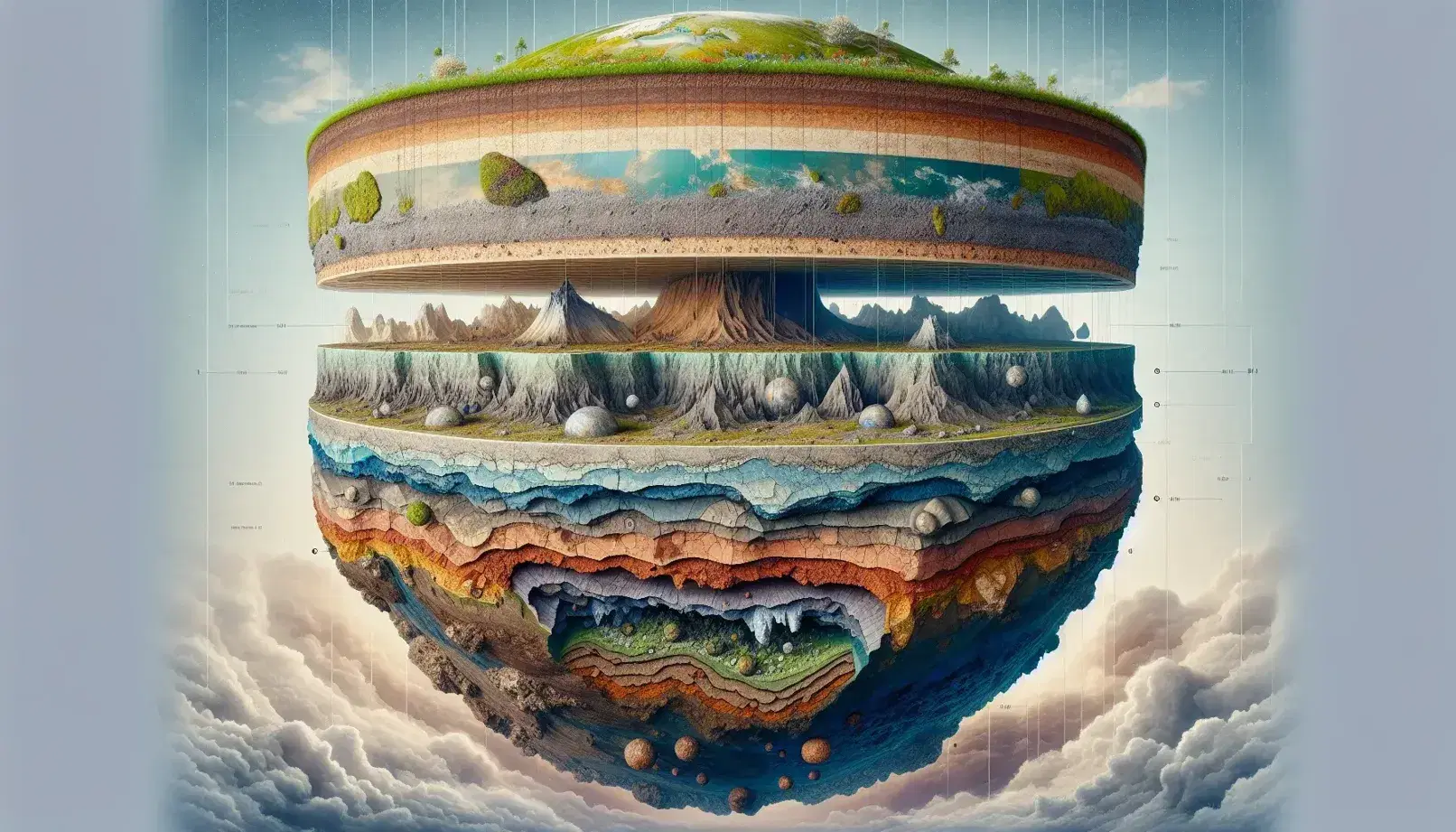 Sezione trasversale della Terra che mostra strati di suolo, rocce e minerali con atmosfera sfumata in blu.