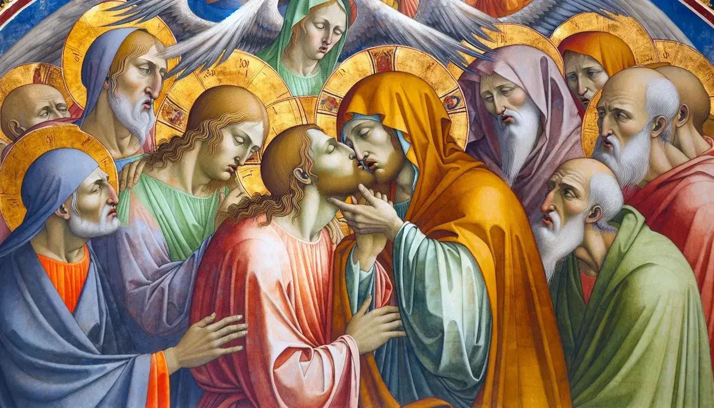 Affresco del Bacio di Giuda nella Cappella degli Scrovegni, con Judas in giallo che bacia Gesù circondati da figure emotive.