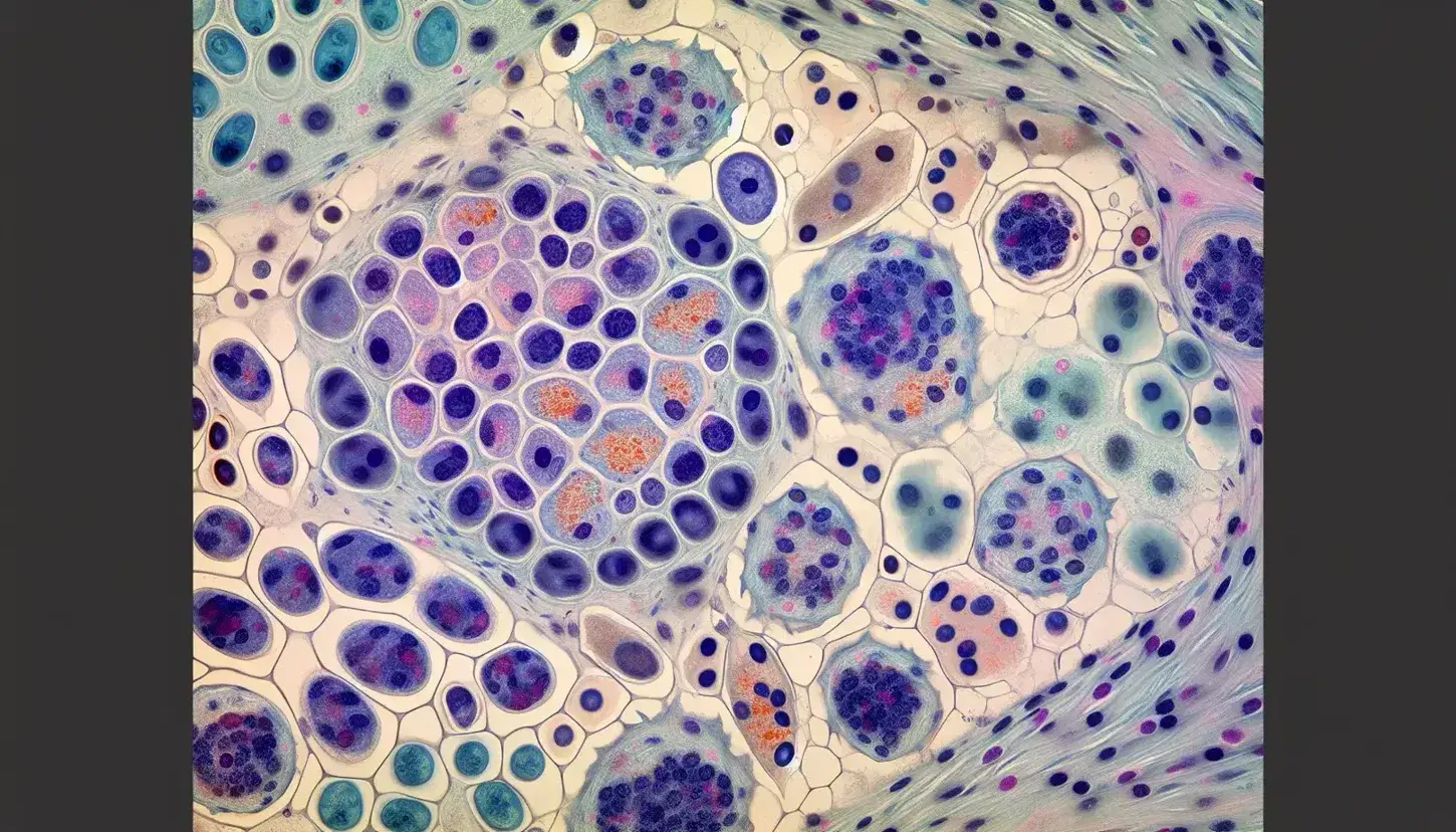 Vista microscópica de tejido humano con células teñidas mostrando núcleos oscuros y citoplasma en tonos rosados y anaranjados, destacando una célula en división.