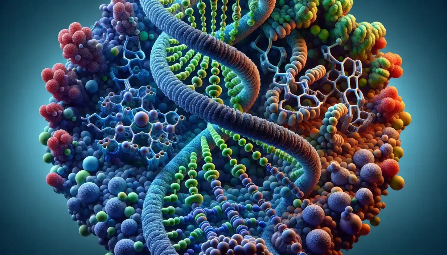 DNA double helix molecular structure with paired bases and colorful molecules attached, on blue-yellow gradient background.