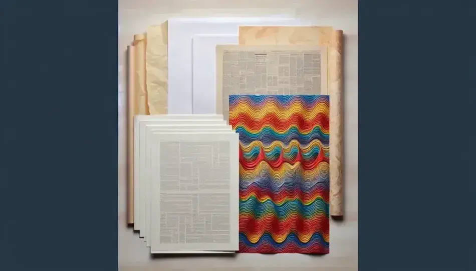 Composizione fotografica di cinque tipi di carta su piano di legno chiaro, con carta da forno, da disegno, da regalo colorata, giornale e fogli da fotocopie.