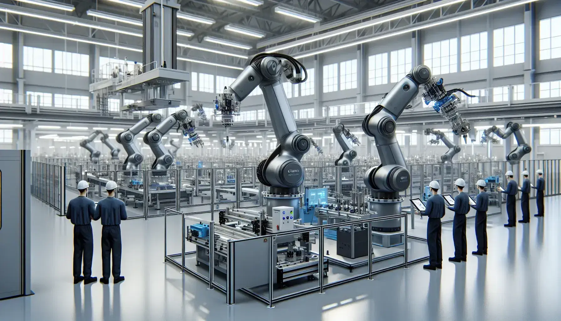Línea de ensamblaje automatizada con brazos robóticos manipulando piezas de maquinaria, supervisada por trabajadores con cascos y tabletas en fábrica moderna.