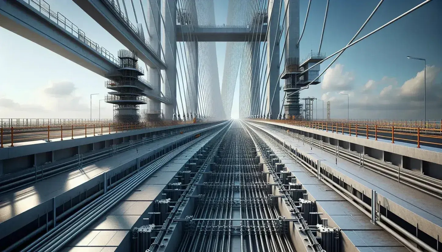 Construcción de puente colgante con cables de acero, torre de soporte y sección del tablero en un día soleado con cielo azul y nubes dispersas.