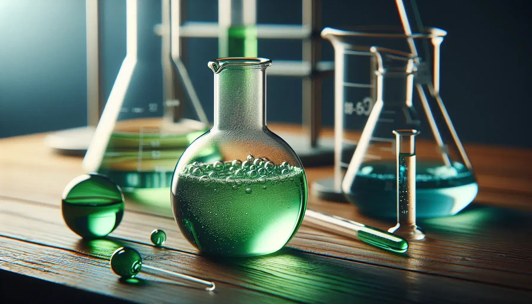 Glass laboratory flask on wooden bench with green effervescent liquid and dropper with orange liquid, surrounded by other glassware.