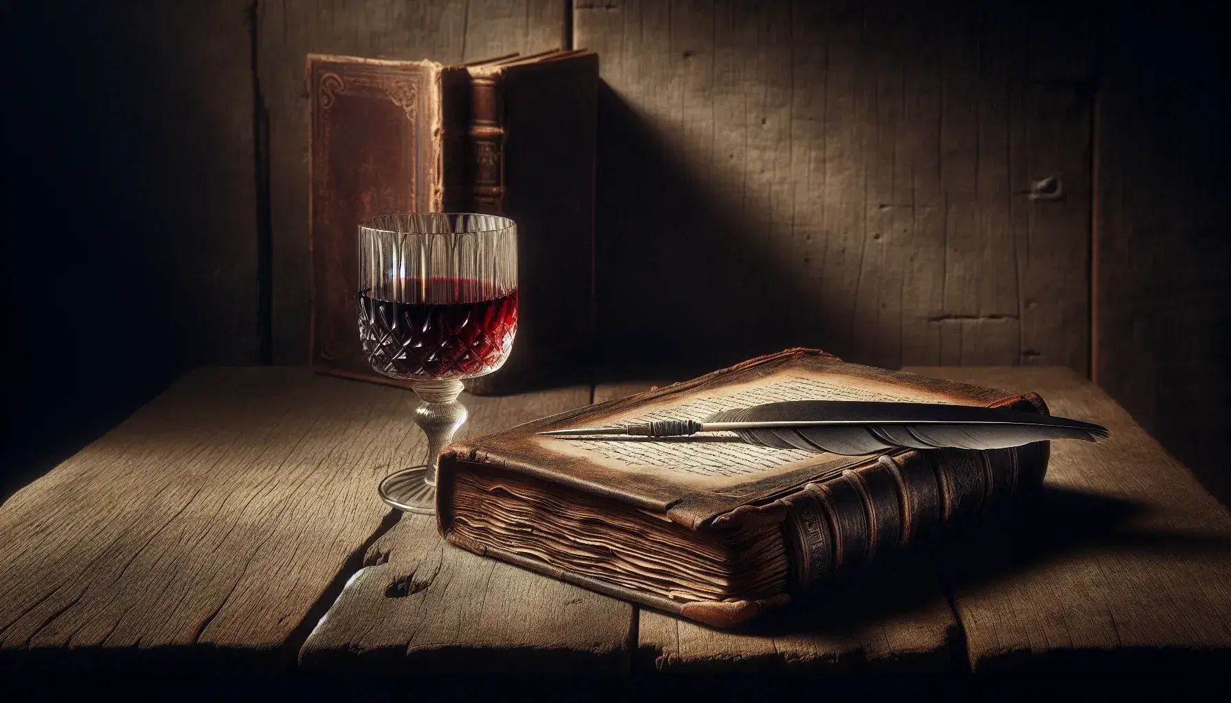 Rustic wooden table with open antique book, quill pen and goblet of red wine, blurred wooden wall background, calm atmosphere.