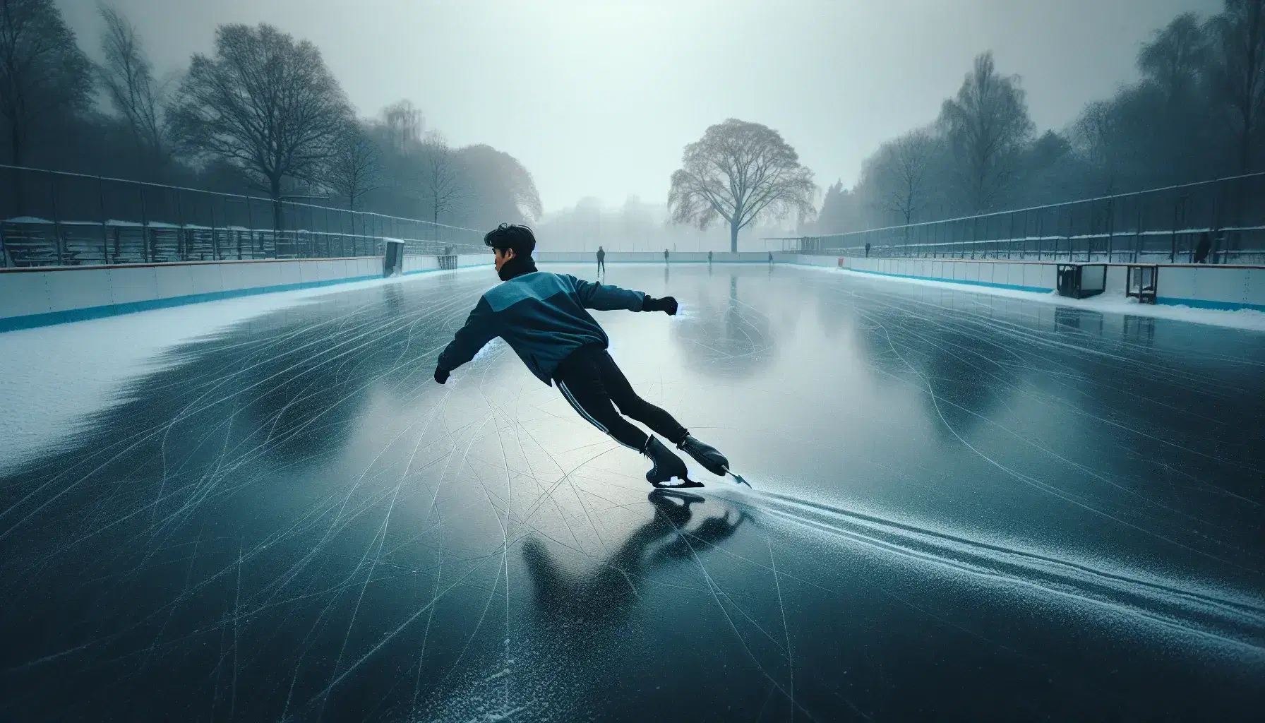 Pattinatore sudasiatico in giacca blu scuro e pantaloni neri esegue una slittata su pista di ghiaccio vuota, con alberi spogli e neve intorno.