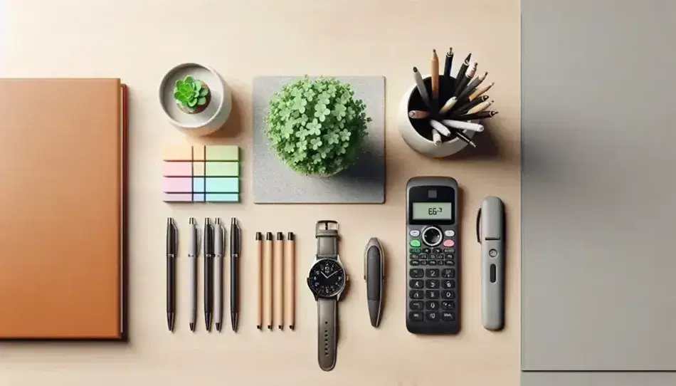 Vista aérea de escritorio de madera claro con planta verde, teléfonos inalámbricos negros, notas adhesivas, bolígrafos, calculadora científica, reloj y gafas sobre paño azul.