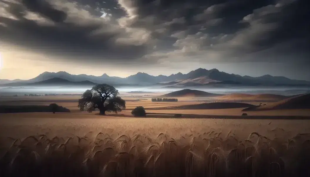 Paisaje rural en Castilla con campo de trigo dorado en primer plano, roble solitario a la derecha y montañas azuladas en el horizonte bajo cielo nublado.
