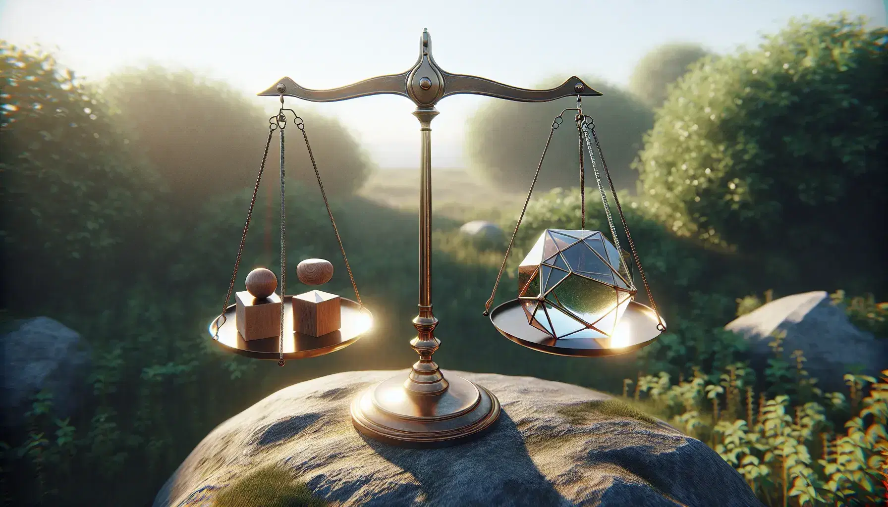 Balanza clásica de metal brillante con esfera de vidrio y figuras geométricas de madera en equilibrio sobre roca en entorno natural verde.