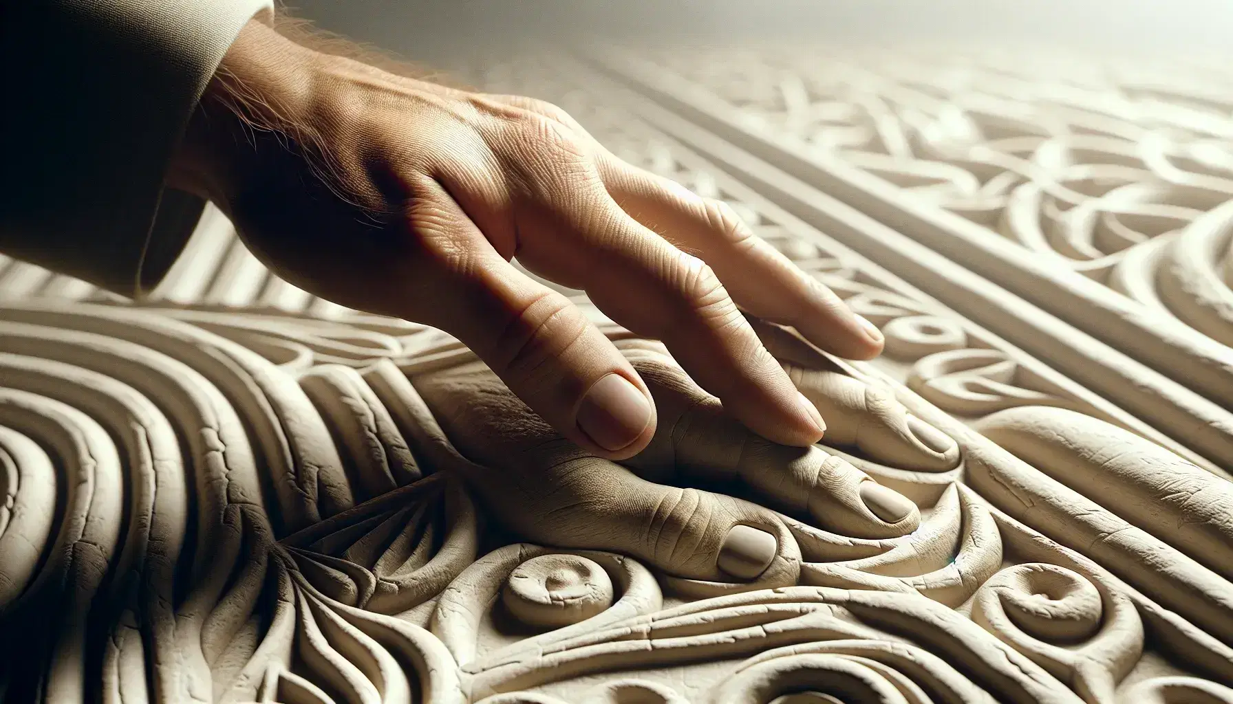 Two diverse hands, one guiding the other, explore a gothic-inspired textured surface, highlighting tactile learning in a softly lit space.