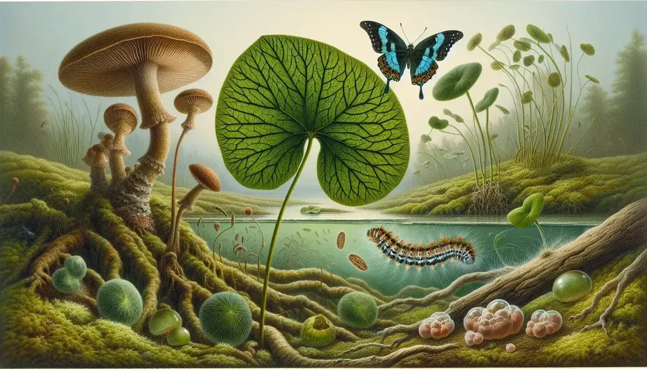 Mariposa con alas azules y negras posada en hoja verde, algas en agua, setas marrones en musgo y ave volando entre árboles con líquenes.