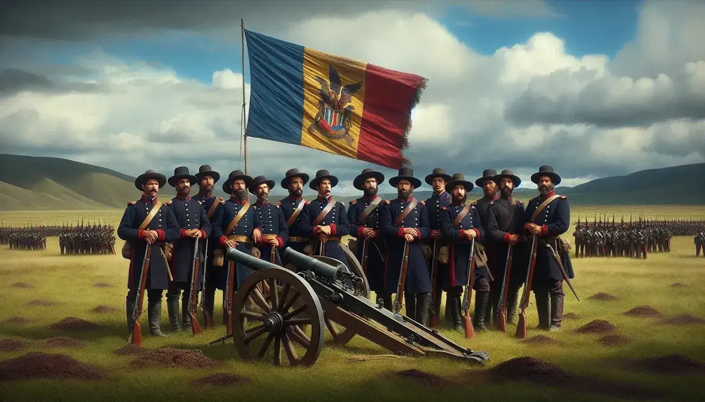 Escena histórica de soldados en uniformes militares del siglo XIX formados en campo abierto, con fusiles y bandera tricolor amarillo, azul y rojo ondeando, junto a un cañón antiguo.