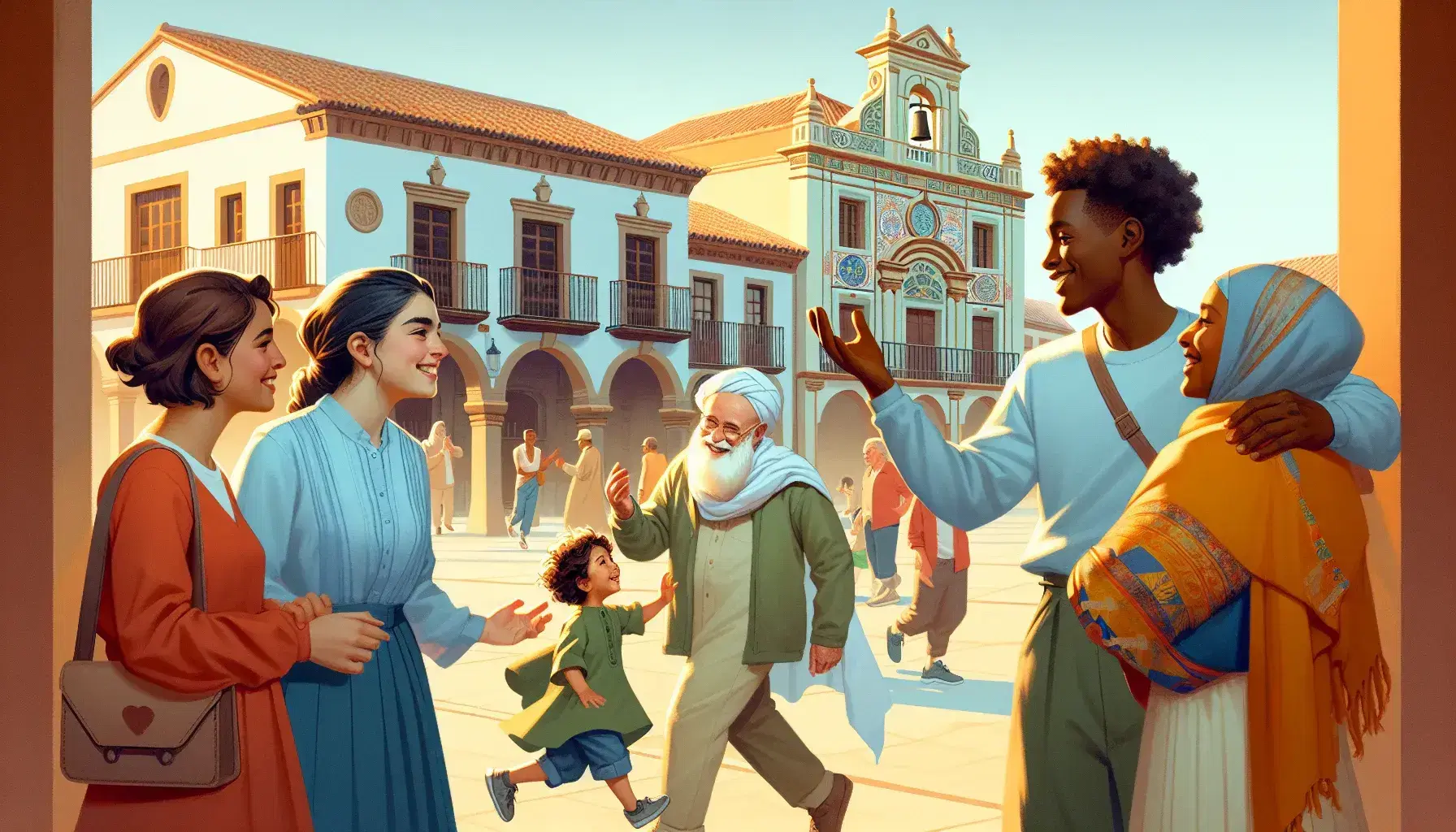 Multicultural gathering in a Spanish town square with diverse individuals interacting, sunny day with clear skies and traditional architecture.
