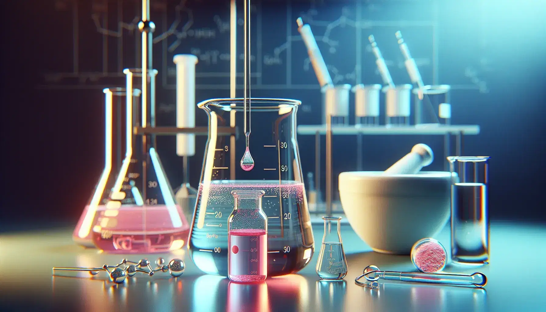Laboratory with beaker and transparent liquid, pipette with pink indicator drop, mortar with white powder and colored flasks in the background.
