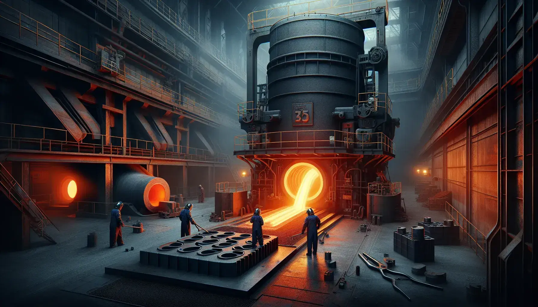 Forno elettrico ad arco in funzione con operai in tute protettive che colano metallo fuso in uno stampo in fonderia industriale.