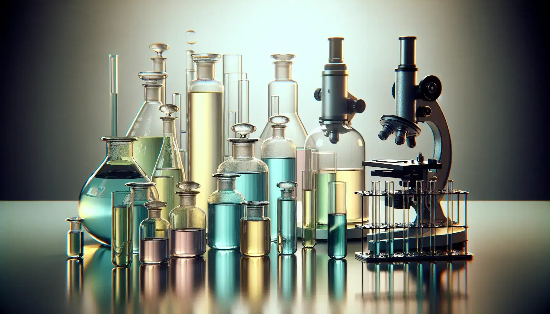 Frascos de vidrio con líquidos de colores en laboratorio, junto a microscopio y tubos de ensayo, reflejando luz en superficie clara.