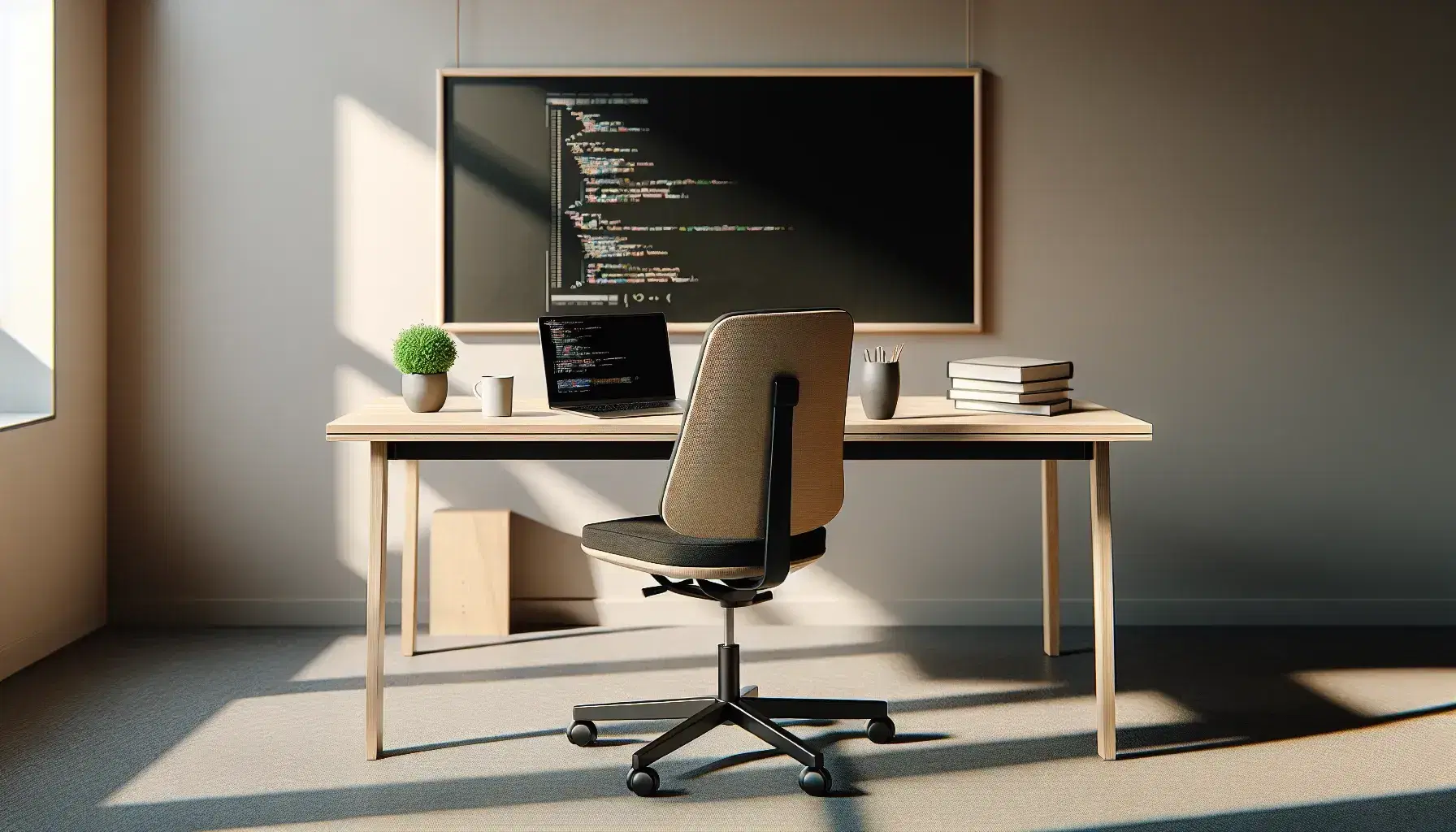 Programming environment with laptop on classroom desk, green plant, white cup, clean whiteboard, natural light and colorful books.