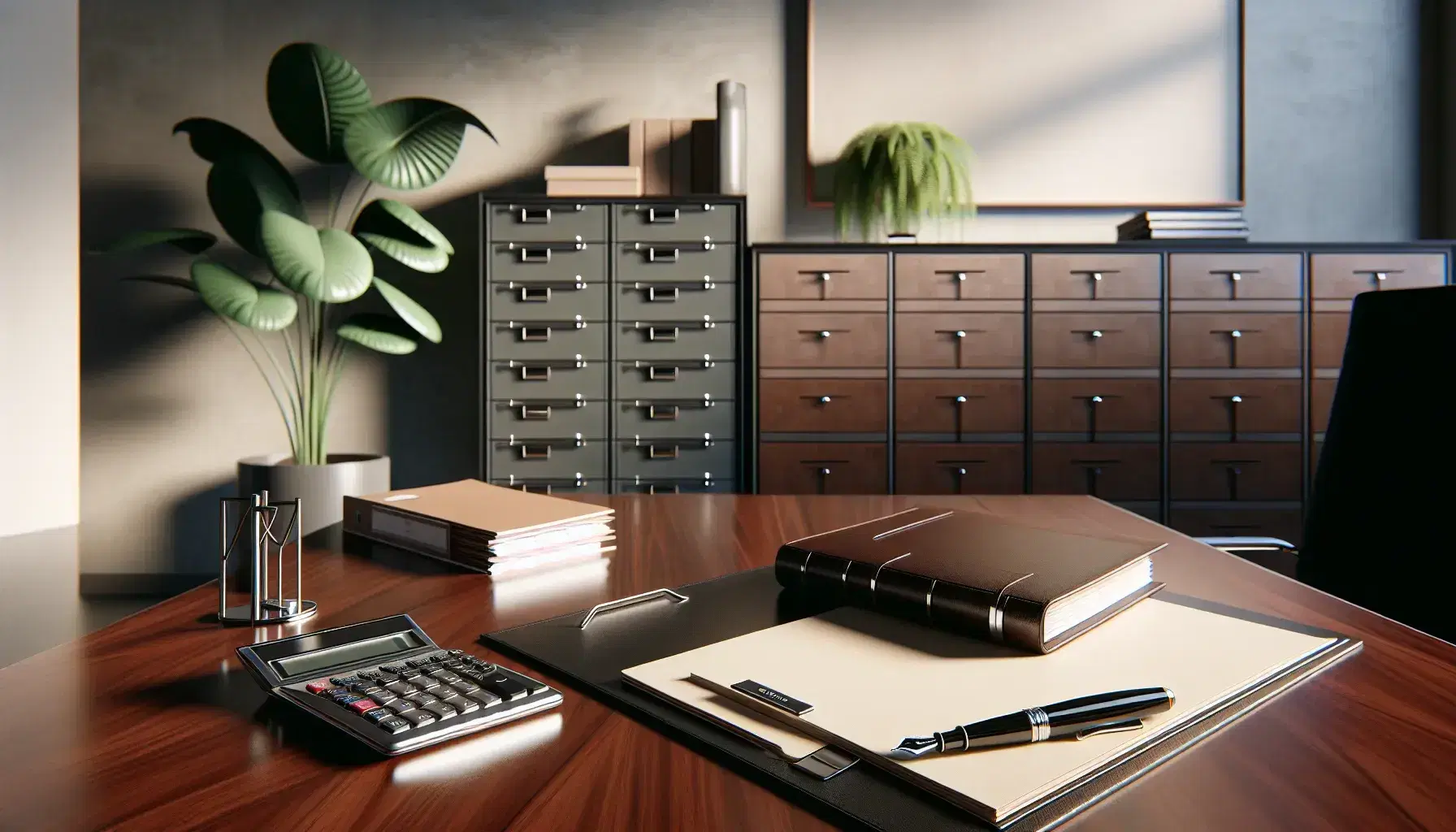 Polished mahogany desk with modern calculator, white paper stack, and black fountain pen on leather ledger, beside a steel filing cabinet and potted plant.
