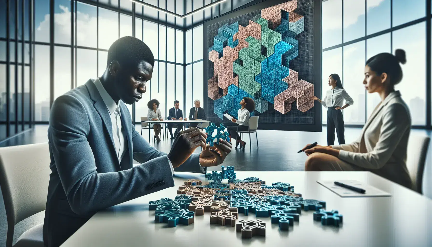 African male solving a blue-green puzzle at a desk, Hispanic woman ready to write on a whiteboard, diverse team discussing over geometric shapes on a table in a bright office.