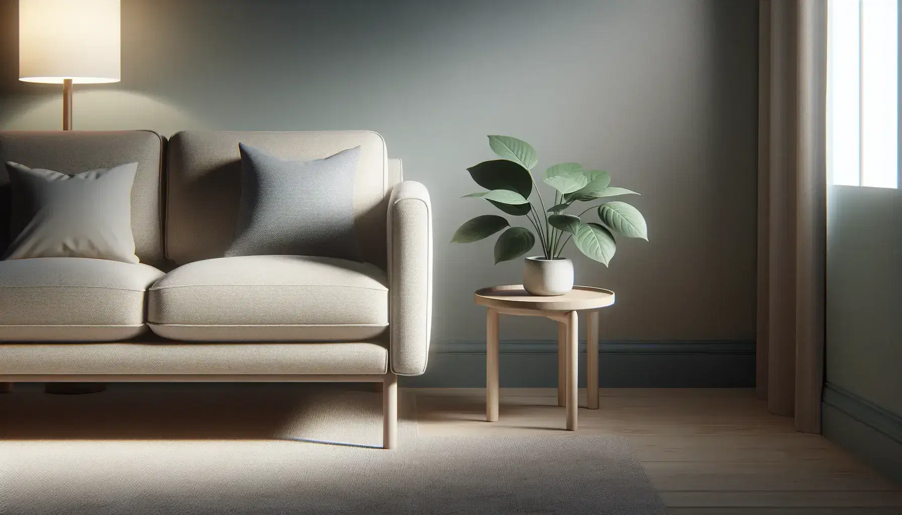 Relaxing therapy environment with beige armchair, dark blue sofa with cushions and green plant on wooden coffee table, gray walls and soft carpet.