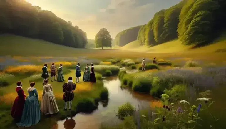 Natural landscape with green meadow, wild flowers and stream, actors in Elizabethan costumes act under a clear sky.