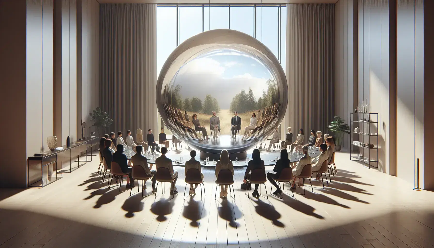 Grupo diverso de personas sentadas en círculo alrededor de una esfera de vidrio en una sala iluminada, debatiendo en un ambiente minimalista y sereno.