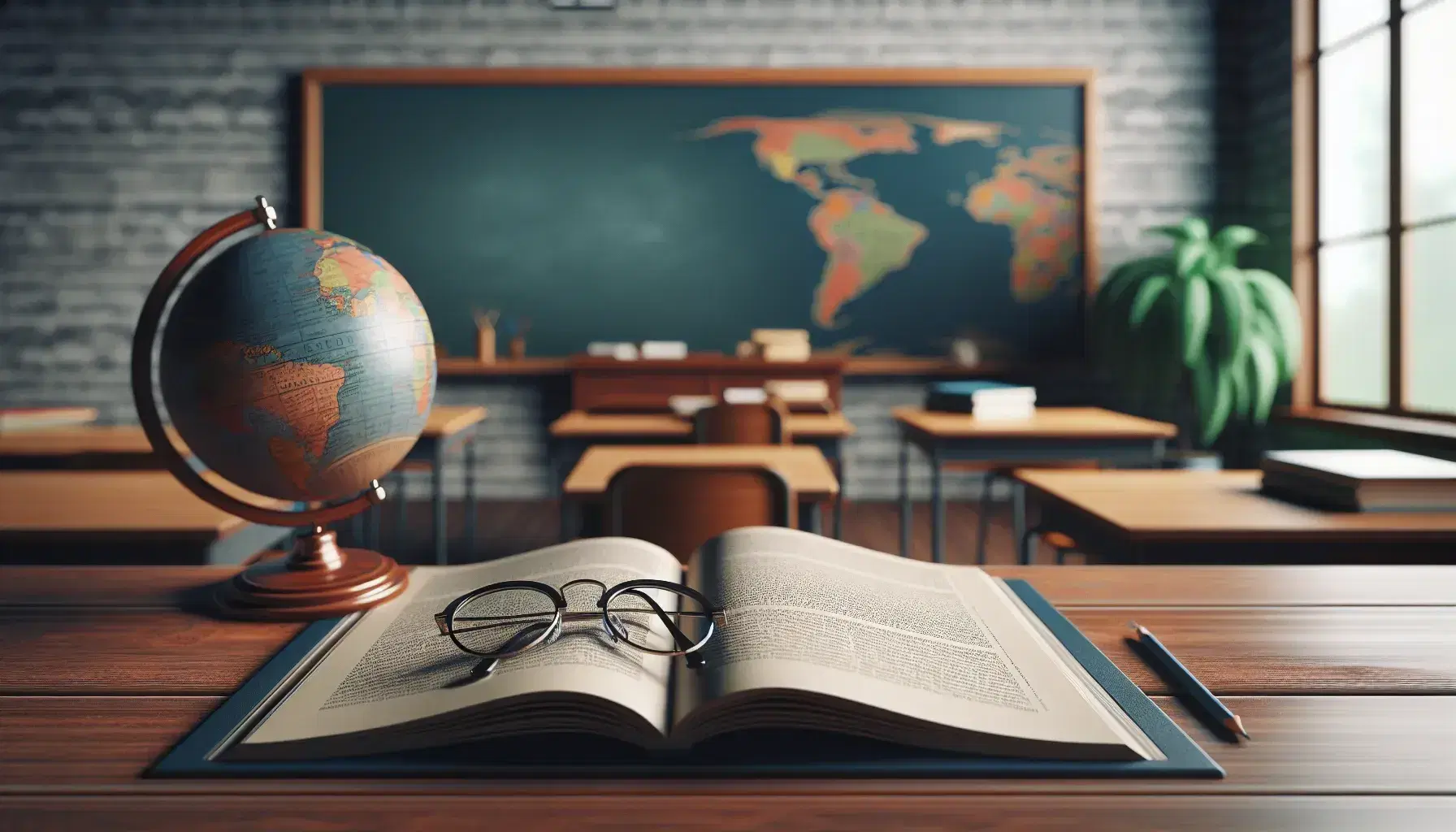 Spanish language classroom with a teacher's desk, open textbook, round-rimmed eyeglasses, clean chalkboard, globe, potted plant, and arranged student desks.