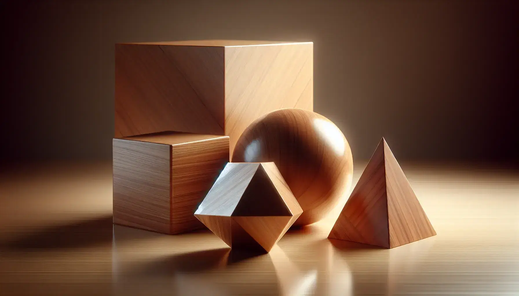 Conjunto de figuras geométricas de madera sobre superficie lisa, incluyendo un tetraedro, cubo, esfera, pirámide y cilindro con sombras suaves.