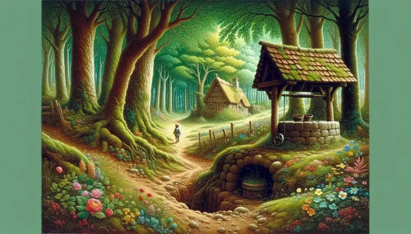 Bosco incantato con sentiero, capanna legnosa, pozzo in pietra e bambino con cestino al tramonto.