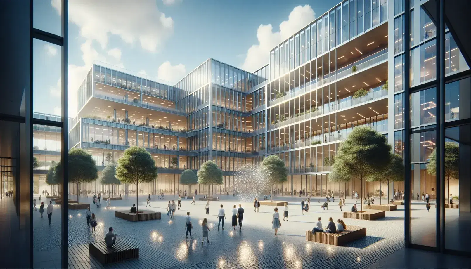 Edificio contemporáneo con fachada de vidrio y reflejos celestes, rodeado por una plaza con árboles, bancos y una escultura metálica abstracta, bajo un cielo despejado.