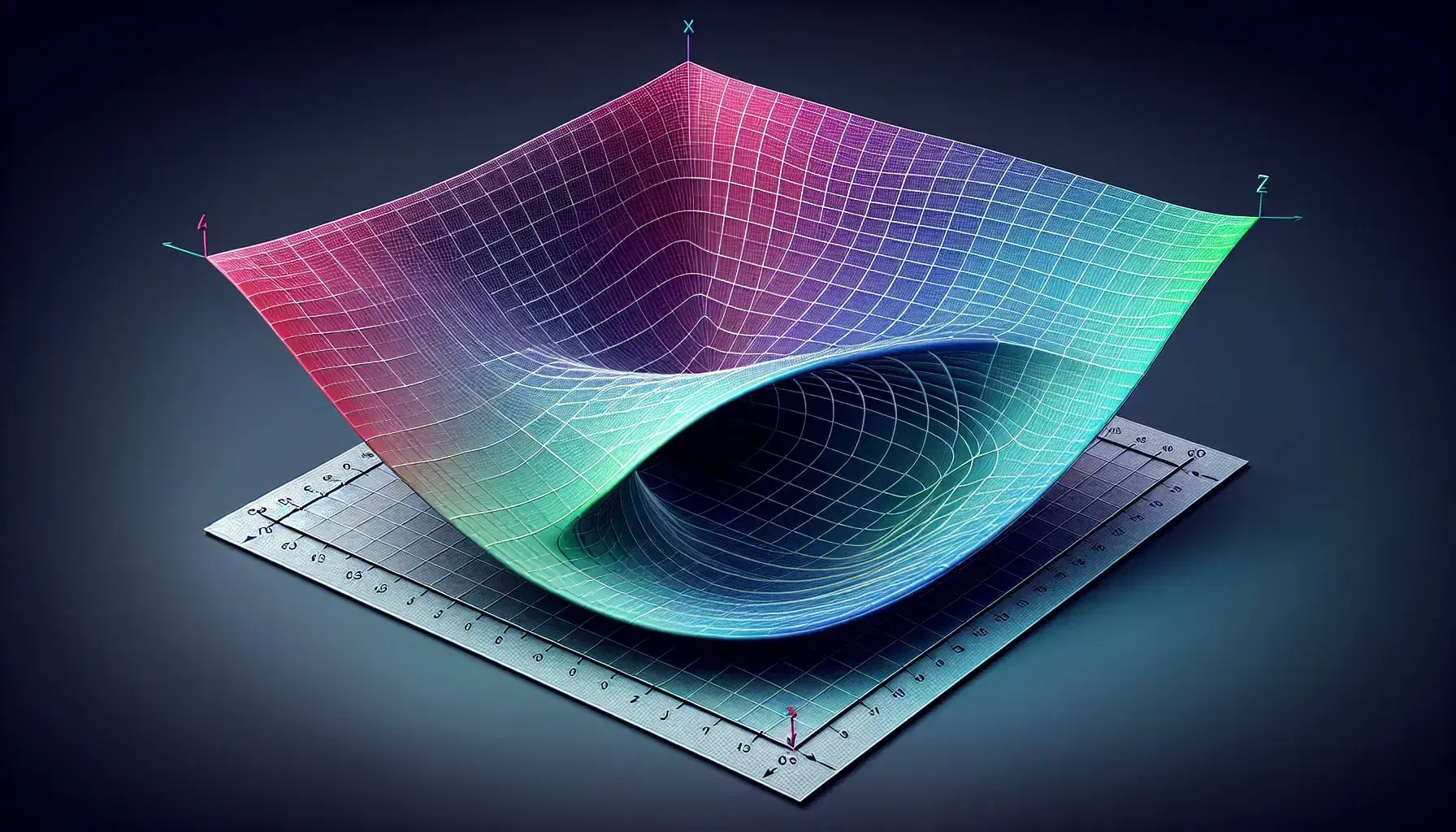 3D coordinate system with a color-gradient curved surface, a grid above, and scattered translucent orange-yellow spheres below, against a white background.