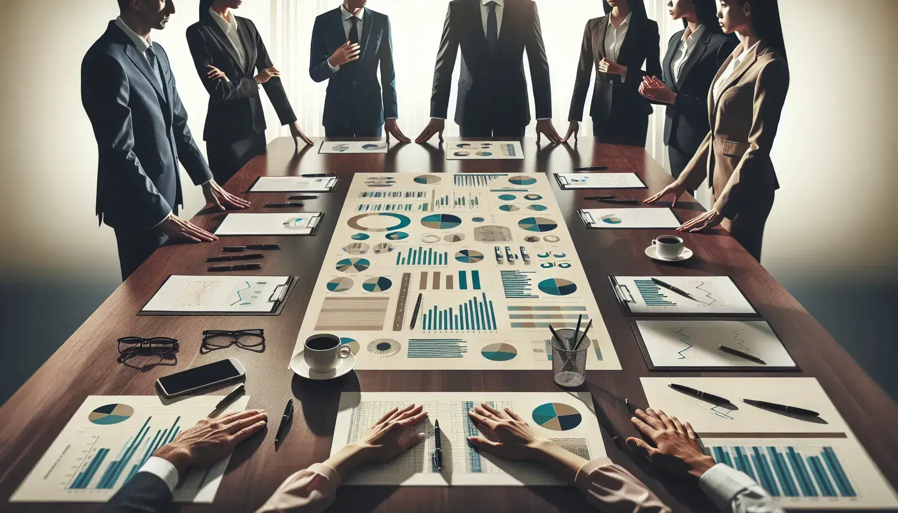 Grupo de profesionales diversos en reunión de negocios alrededor de una mesa con gráficos y una taza de café, en una sala iluminada naturalmente.