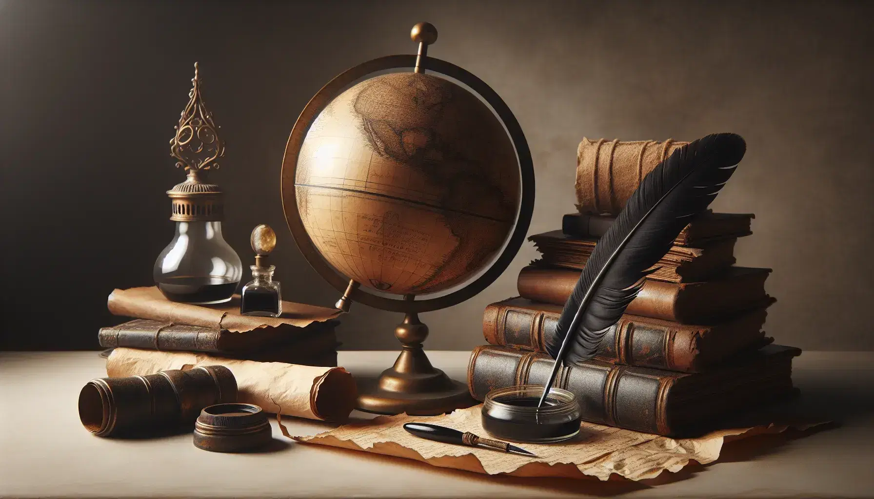 Globo antiguo sepia en el centro, pluma negra en tintero de vidrio, pergamino desenrollado, libros de cuero apilados y lupa sobre ellos, lámpara de aceite al fondo en superficie de madera clara.