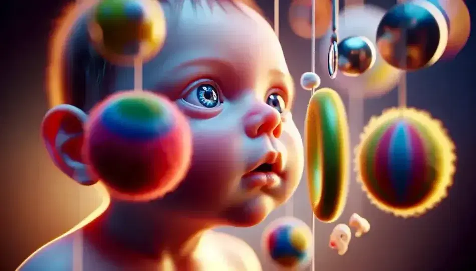 Newborn baby face with curious blue eyes, pink skin and colorful objects hanging like a red ball, green ring and yellow star blurred in the background.