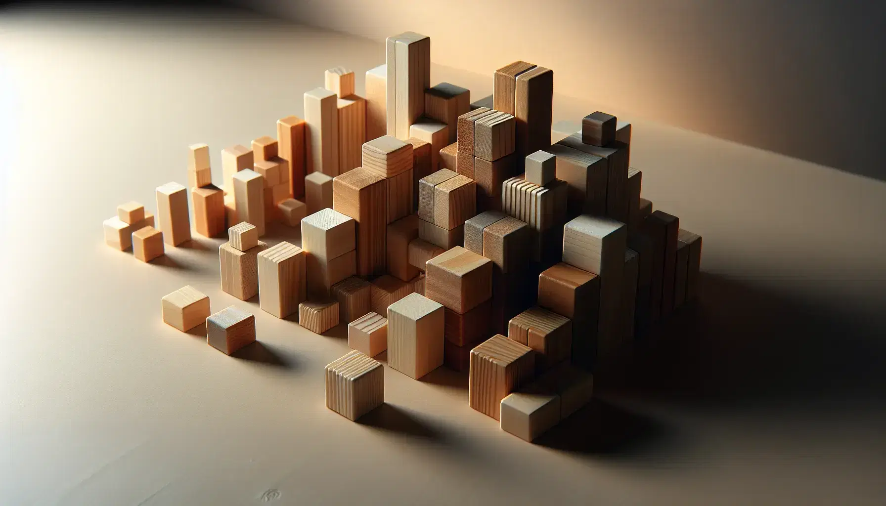 Bloques de madera apilados en forma de torre ascendente sobre superficie lisa, con sombras suaves que resaltan su estructura tridimensional.