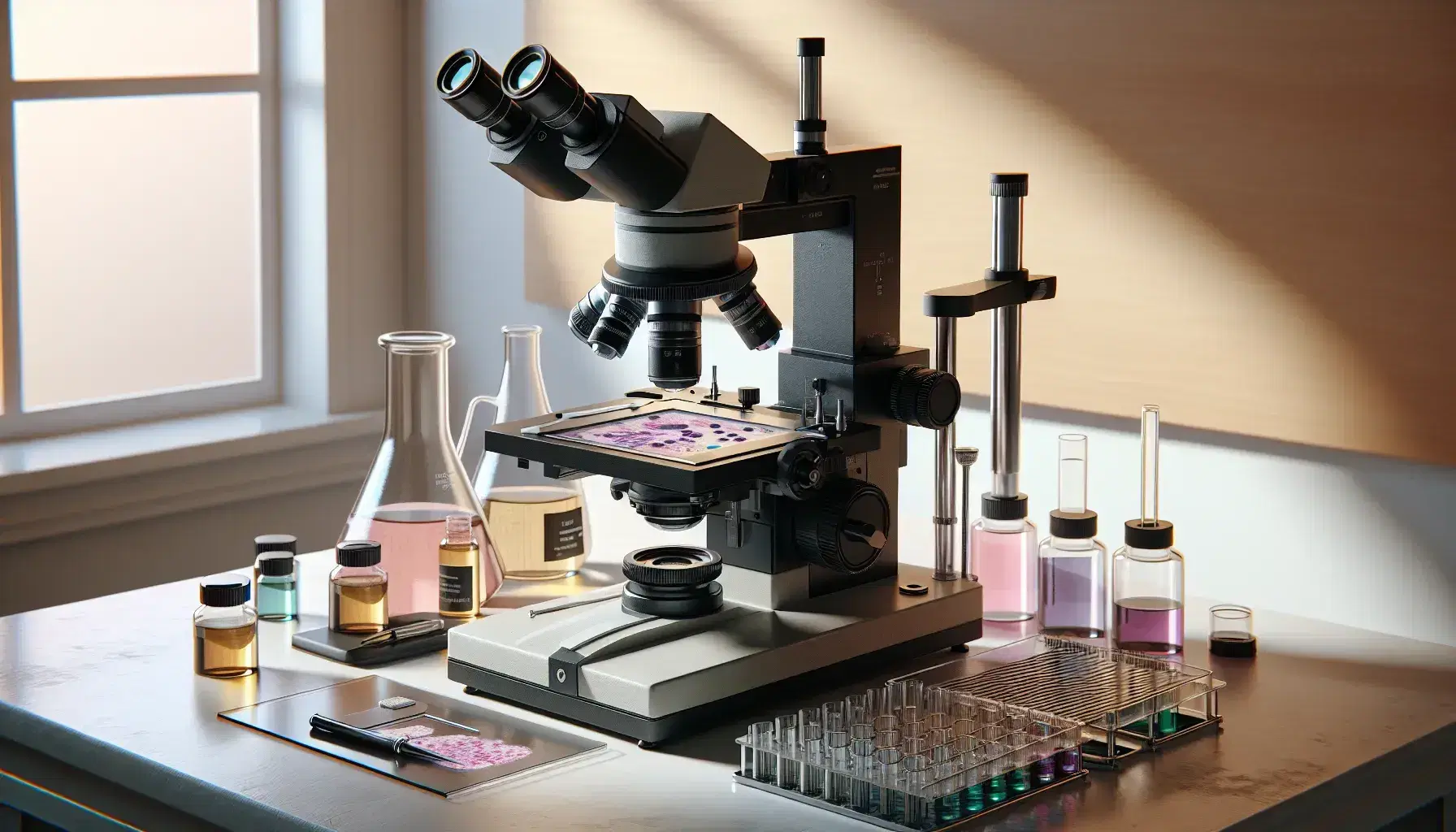 Microscopio óptico de laboratorio en mesa de trabajo con portaobjetos y frascos de cristal con líquidos coloridos, sin etiquetas, en un entorno limpio y bien iluminado.