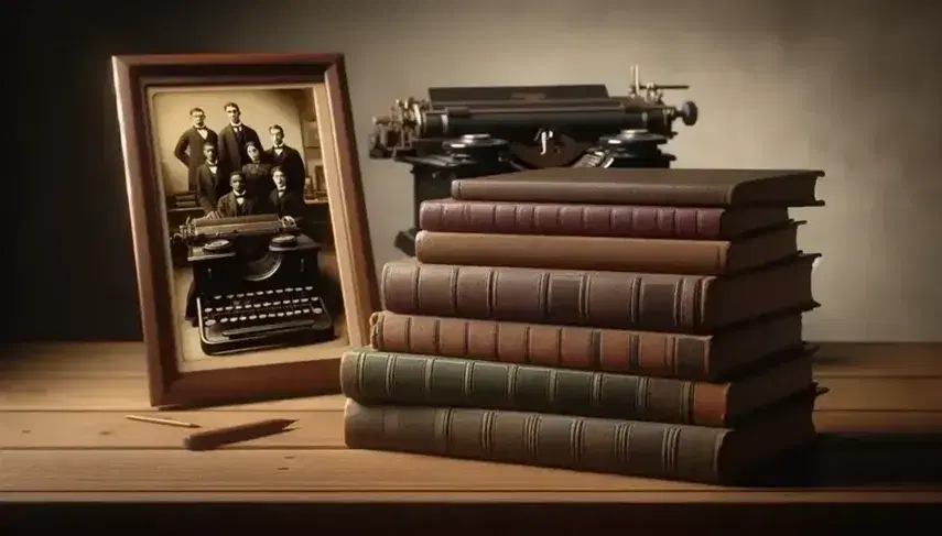 Stack of hardback books on a wooden table with a vintage typewriter and a black and white photo of a group of African Americans in period clothing.