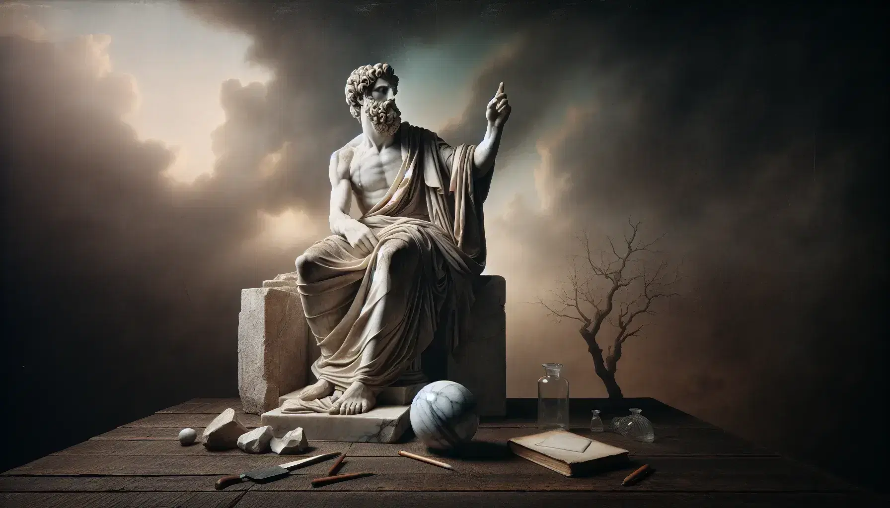 Statua marmorea di filosofo greco con toga e barba, indice alzato, accanto a libro su piedistallo, sfondo cielo nuvoloso e albero spoglio.