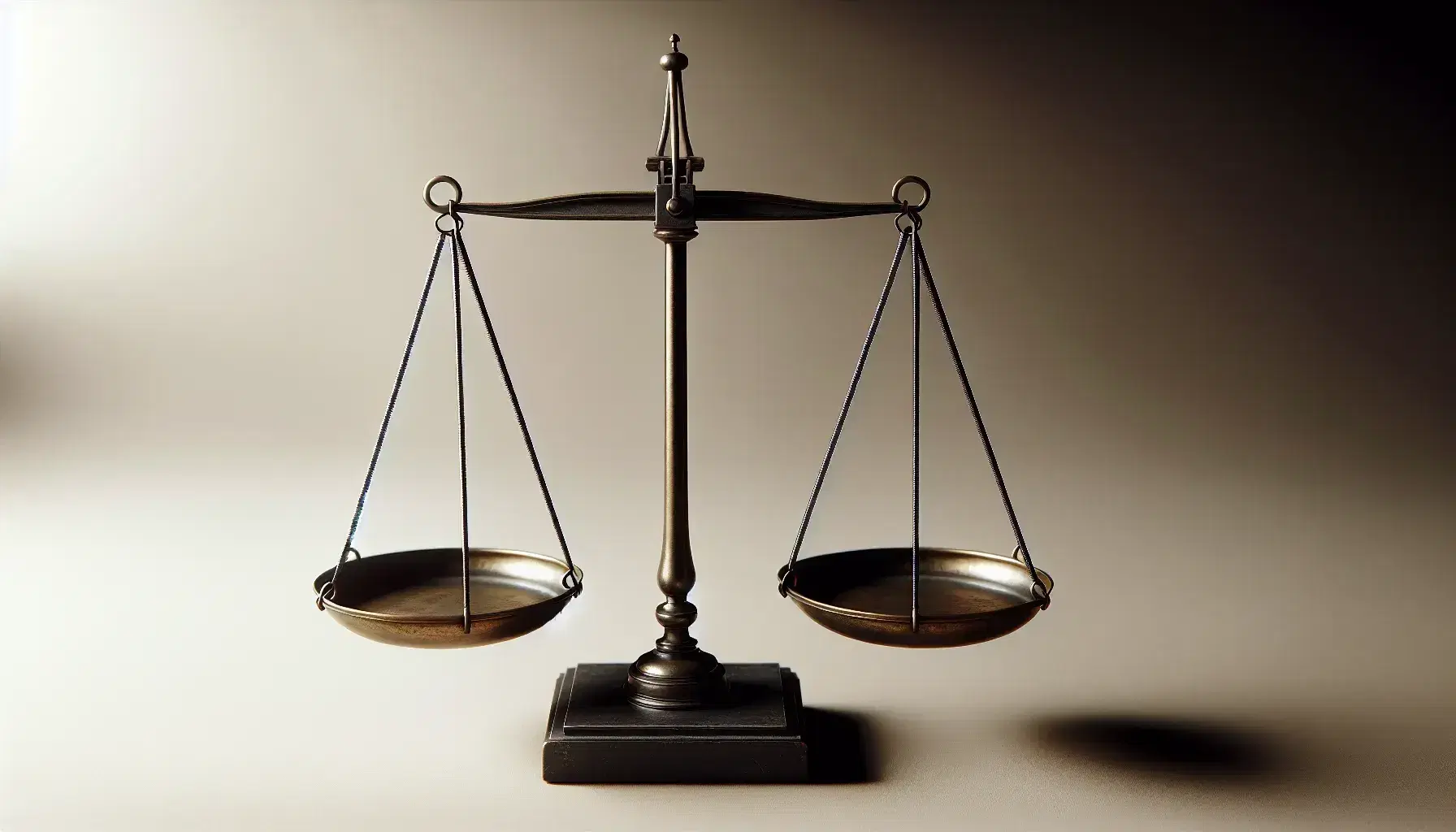 Bilancia antica a bracci uguali in equilibrio con piatti in metallo lucido e trave orizzontale scura su sfondo neutro.