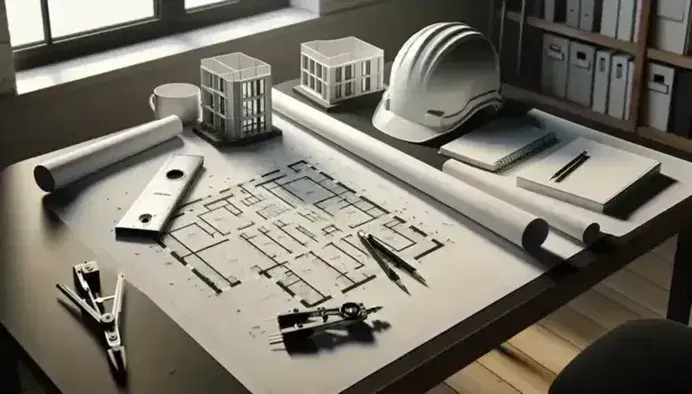 Mesa de trabajo de arquitecto con plano detallado, casco de seguridad, gafas, modelo arquitectónico en miniatura y elementos de dibujo técnico en estudio iluminado.
