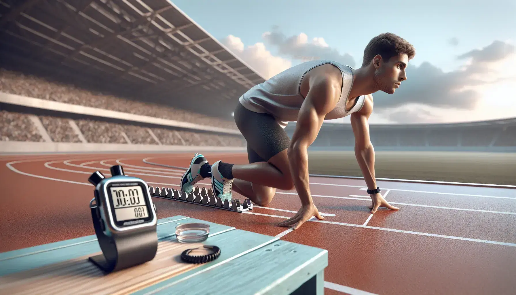 Atleta pronto a partire dai blocchi di partenza su pista di atletica, con cronometro e bottiglia d'acqua a bordo pista, sotto cielo sereno.