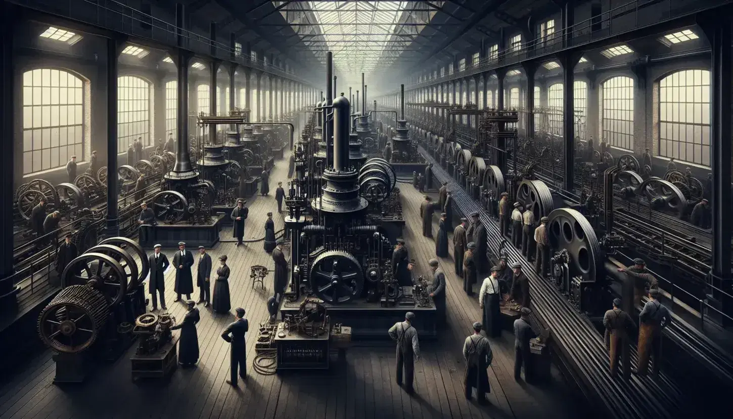 Escena de fábrica de la era de la Revolución Industrial con máquinas de vapor, engranajes, cintas de transmisión y trabajadores atareados bajo luz natural.