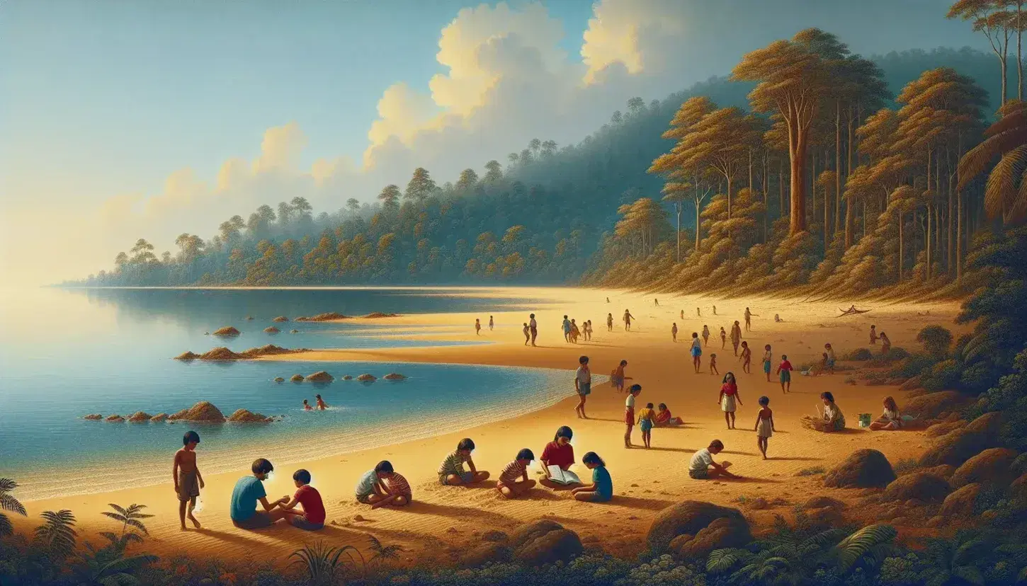 Bambini che giocano sulla sabbia dorata di una spiaggia deserta con mare cristallino, foresta tropicale sullo sfondo e conchiglia con occhiali a lato.