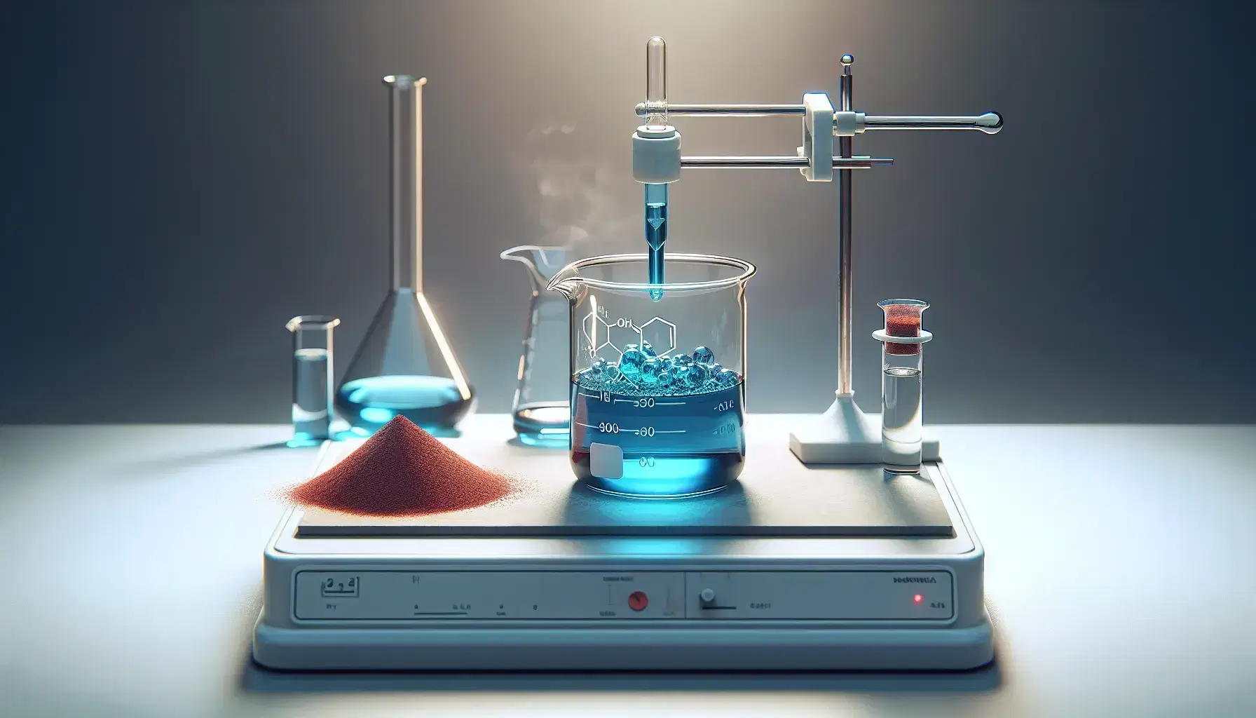 Laboratory with beaker containing blue solution, burette with colorless liquid and reddish powder on paper, bottles with colored solutions in the background.