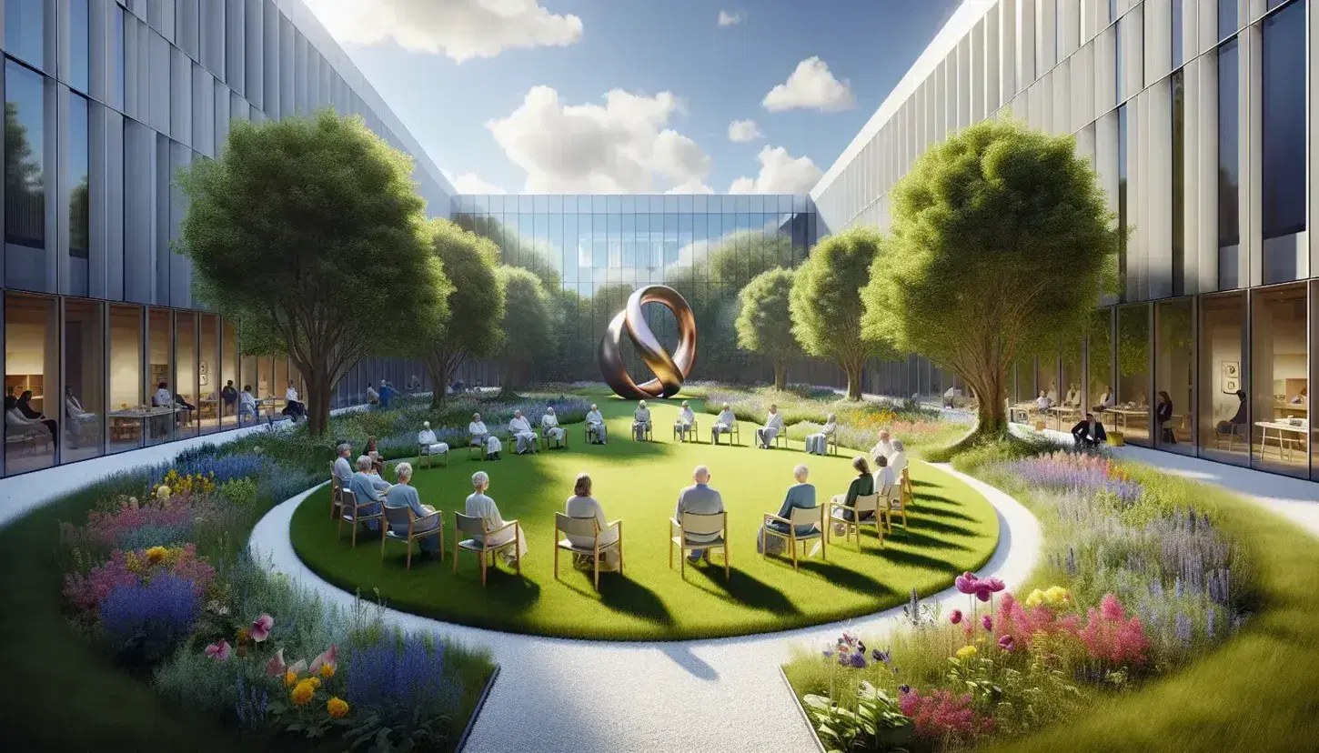 Giardino terapeutico con persone sedute in cerchio, sentiero di ghiaia, aiuole fiorite e scultura moderna, con edificio moderno sullo sfondo.