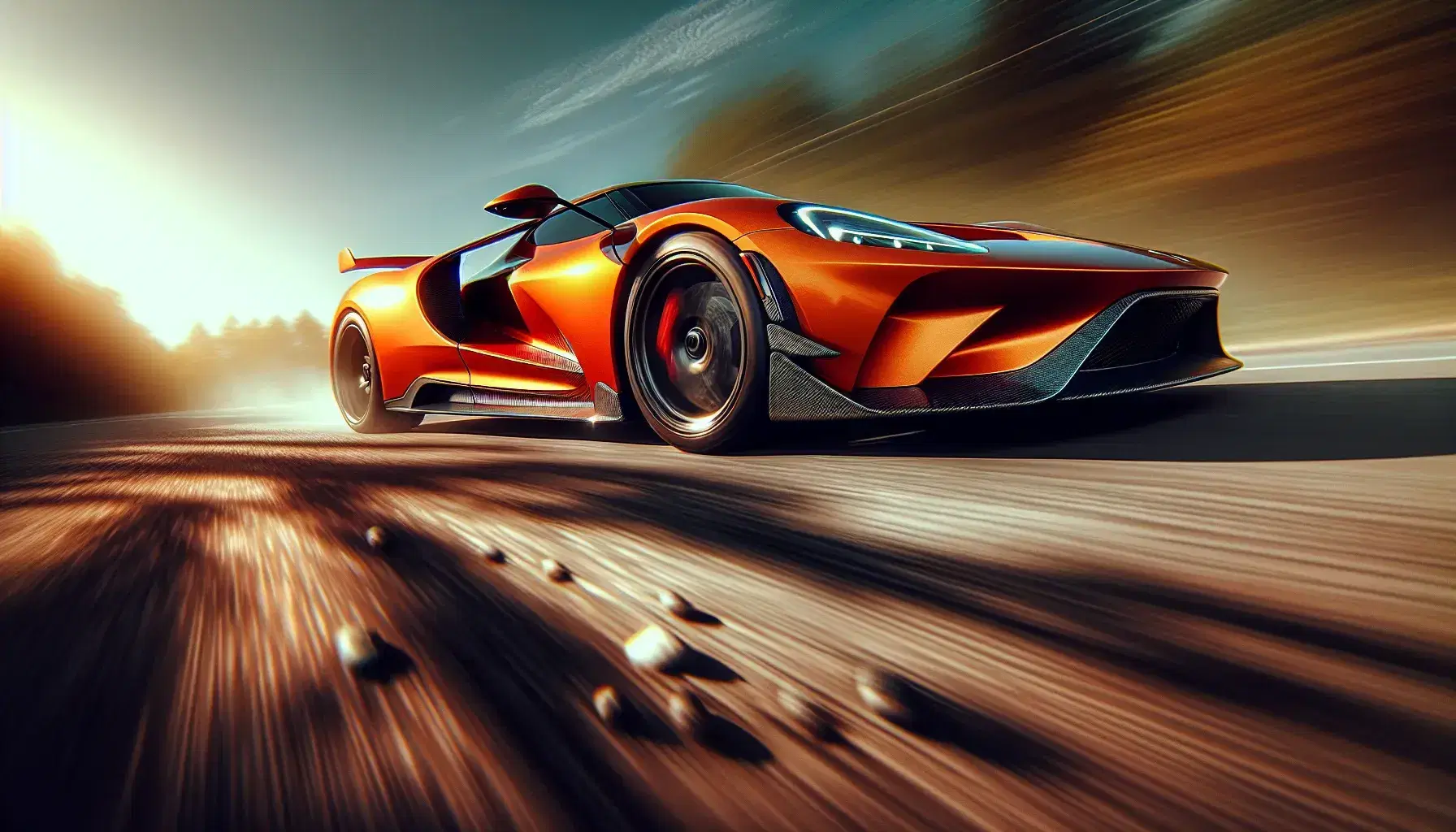 Bright orange sports car in dynamic acceleration with front right tire lifted, against a blurred backdrop of trees and road, under a clear blue sky.