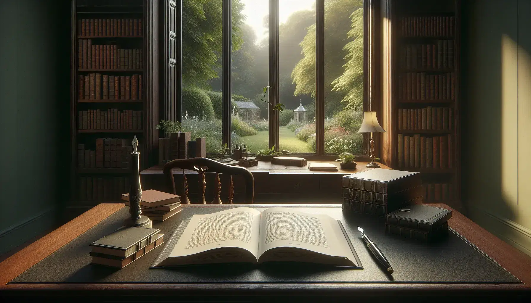 Serene home study with a wooden desk, open book, black fountain pen, and a window overlooking a garden, beside a bookshelf and a cozy armchair with a throw blanket.