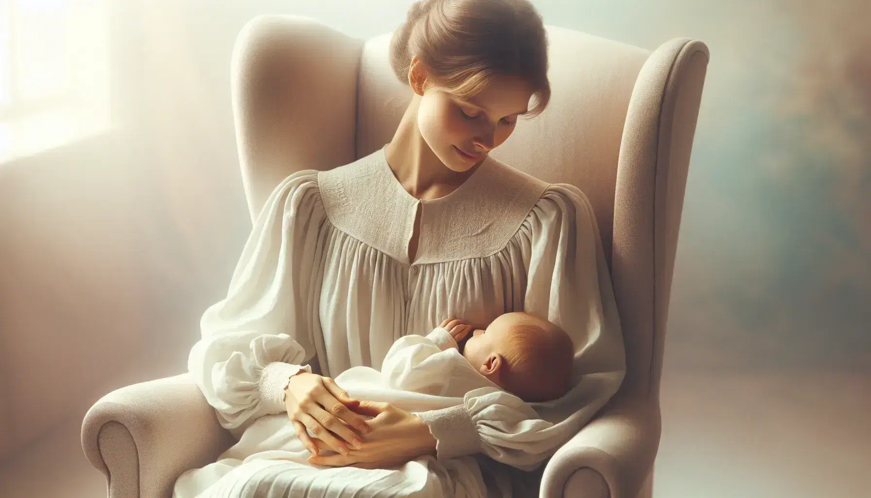 Madre serena amamantando a su recién nacido envuelto en manta blanca, sentada en sillón beige, con luz natural suave y fondo pastel.