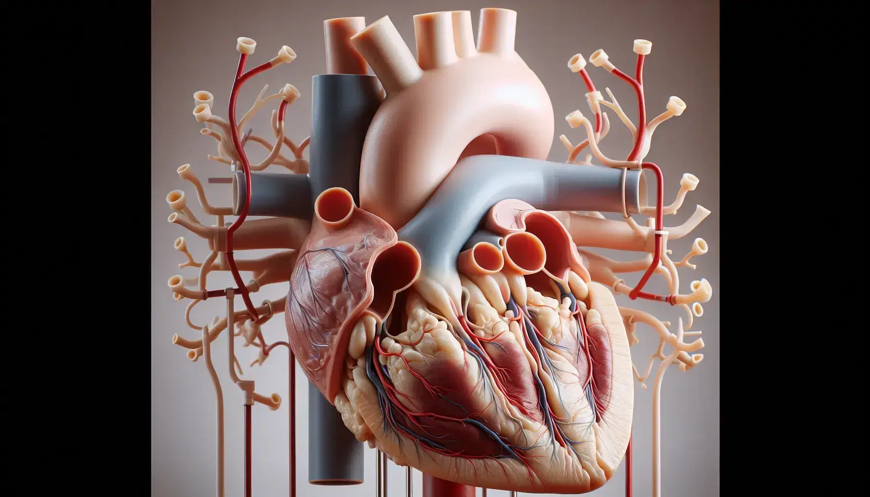 Modelo anatómico detallado del corazón humano dividido en dos mitades, mostrando cámaras, válvulas y principales vasos sanguíneos en colores realistas.